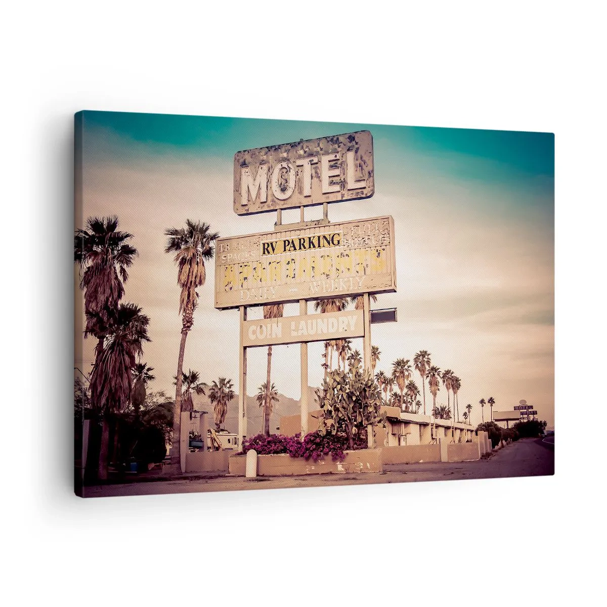 Quadro em tela - Placa de motel retrô cercada por palmeiras - 70x50cm - O tempo parou aqui - Decoração de parede moderna para a sala de estar e quarto ARTTOR