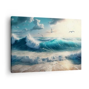 Quadro em tela - Ondas do mar na praia sob um céu azul com gaivotas - 70x50cm - Cantarola apenas para si - Decoração de parede moderna para a sala de estar e quarto ARTTOR