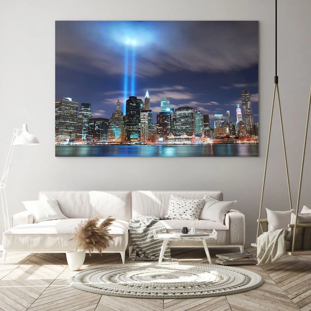 Quadro em vidro - Panorama noturno da cidade com holofotes - 70x50cm - Alcançar o céu com a luz - Decoração de parede moderna para a sala de estar e quarto ARTTOR