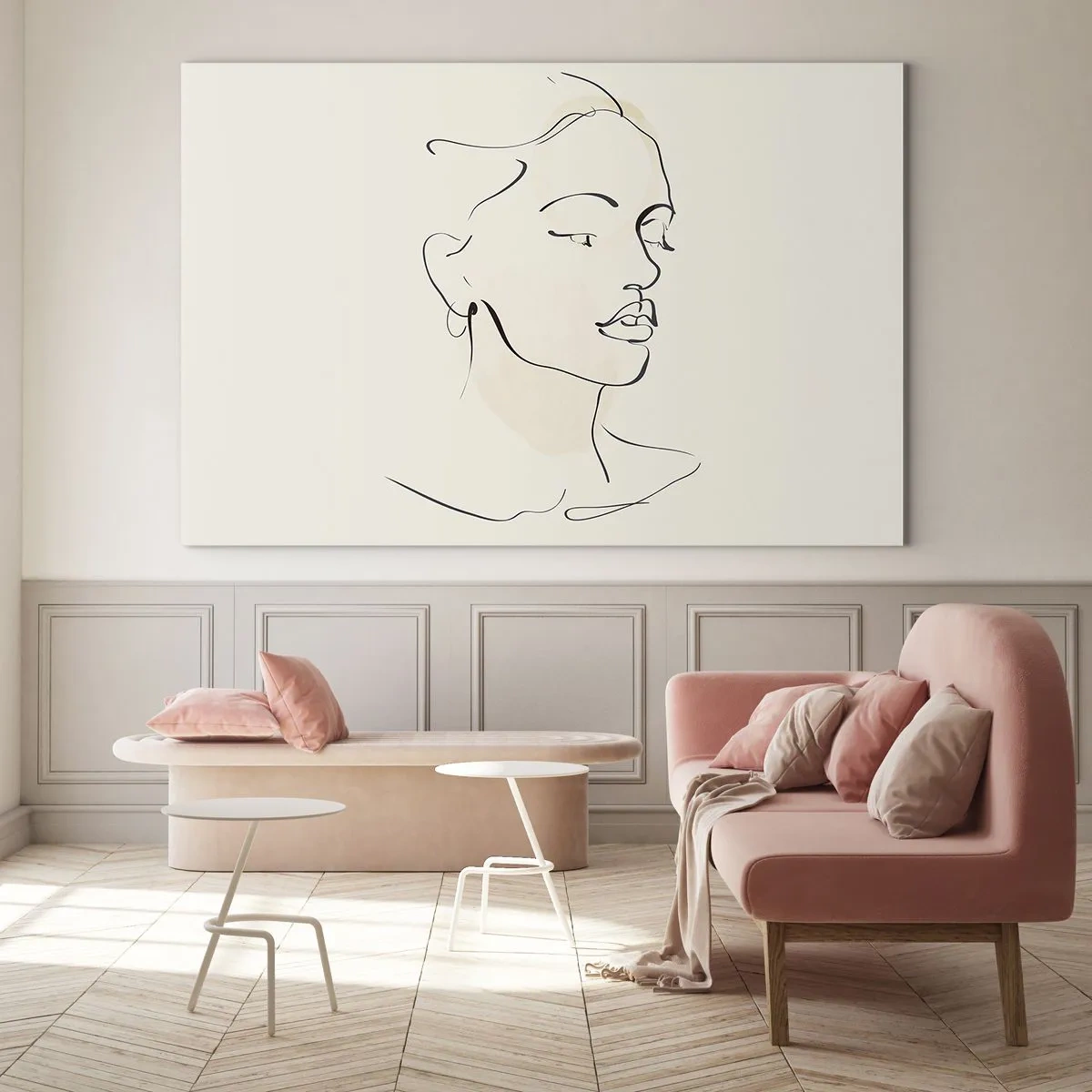 Quadro em vidro - Um retrato linear feminino contra um fundo claro com sombras delicadas. - 70x50cm - Uma certa linha - Decoração de parede moderna para a sala de estar e quarto ARTTOR