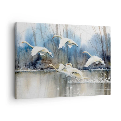 Quadro em tela - Cisnes voando sobre um lago congelado em uma paisagem de inverno - 70x50cm - Como no conto de fadas sobre cisnes selvagens - Decoração de parede moderna para a sala de estar e quarto ARTTOR
