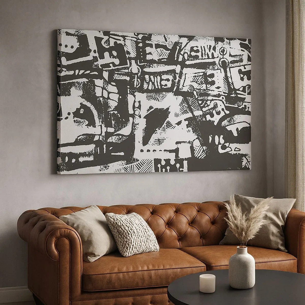 Quadro em tela - Padrão retrô monocromático abstrato - 70x50cm - Ordem ou caos? - Decoração de parede moderna para a sala de estar e quarto ARTTOR