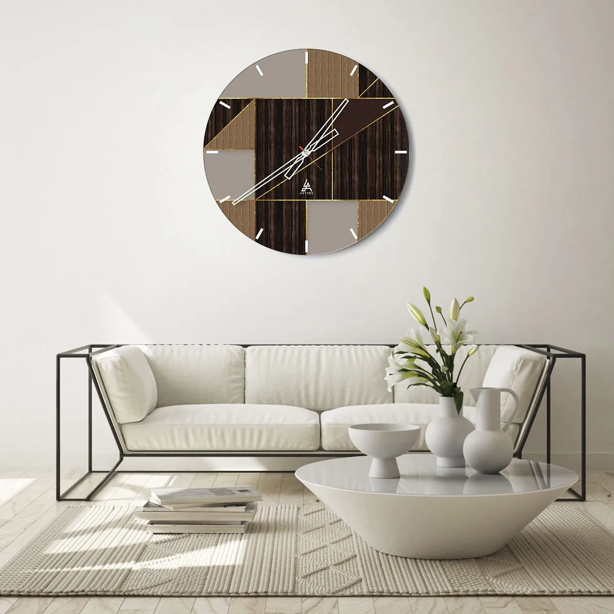 Relógio de parede - Relógio em vidro - Mosaico moderno com linhas marrons, bege e douradas - 30x30cm - Mosaico de bronzes e ouro - Decoração de parede moderna para a sala de estar, cozinha e quarto ARTTOR