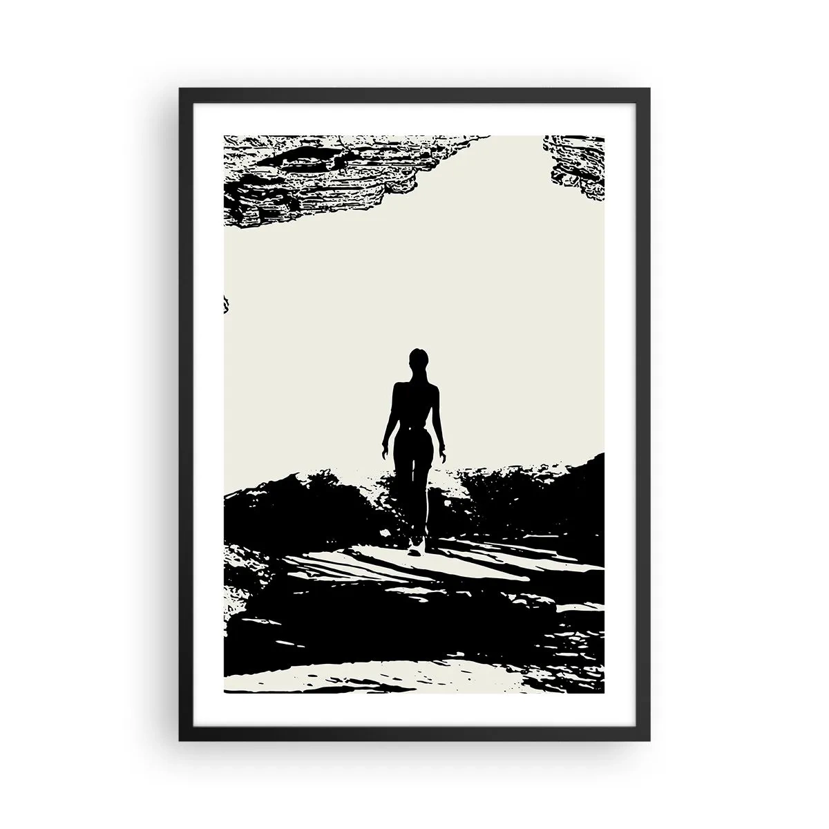 Pôster com moldura preta - Silhueta de uma mulher emergindo de uma caverna em um estilo contrastante - 50x70cm - Novo visual - Decoração de parede moderna para a sala de estar e quarto ARTTOR