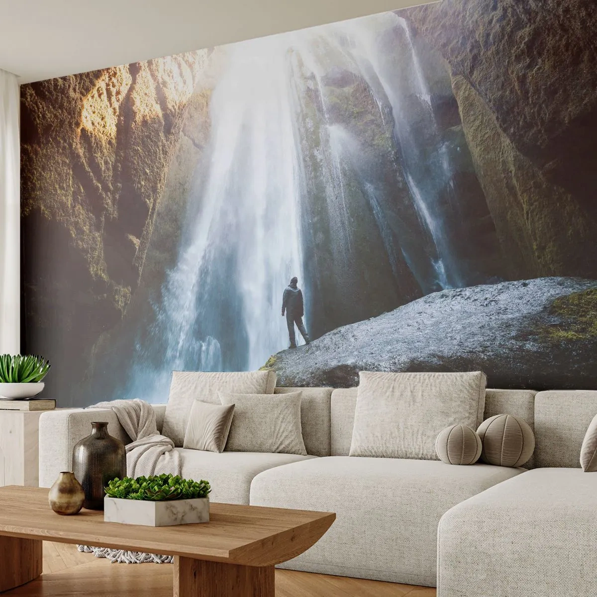 Papel de Parede Premium Sand - Restabelecimento das proporções - Cachoeira, Rochas, Caverna - 100x70 cm