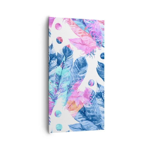 Quadro em tela - Plumas em rosa e azul - 65x120 cm