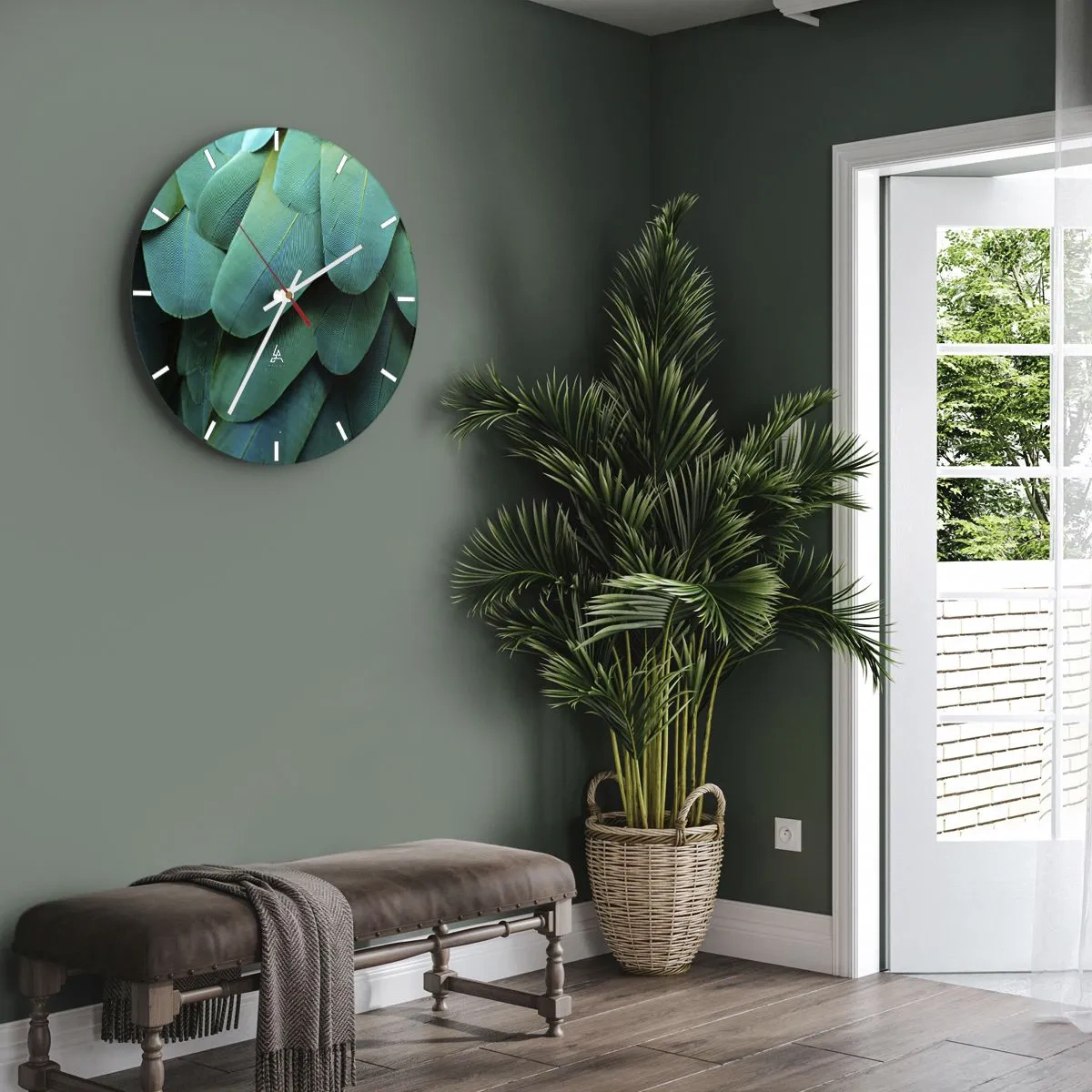 Relógio de parede - Relógio em vidro - Close-up das penas verdes de um pássaro exótico - 30x30cm - Precisão de papagaio - Decoração de parede moderna para a sala de estar, cozinha e quarto ARTTOR