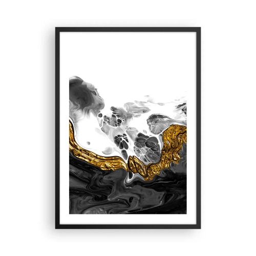 Pôster com moldura preta - Composição abstrata de preto, branco e dourado - 50x70cm - Composição orgânica - Decoração de parede moderna para a sala de estar e quarto ARTTOR