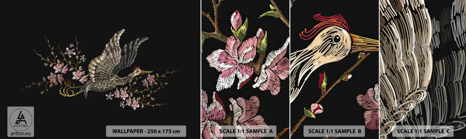 Amostra de papel de parede autocolante Deluxe Sticker - Pássaro exótico e bordado - Pássaro, Gráficos, Flores - 100x30 cm