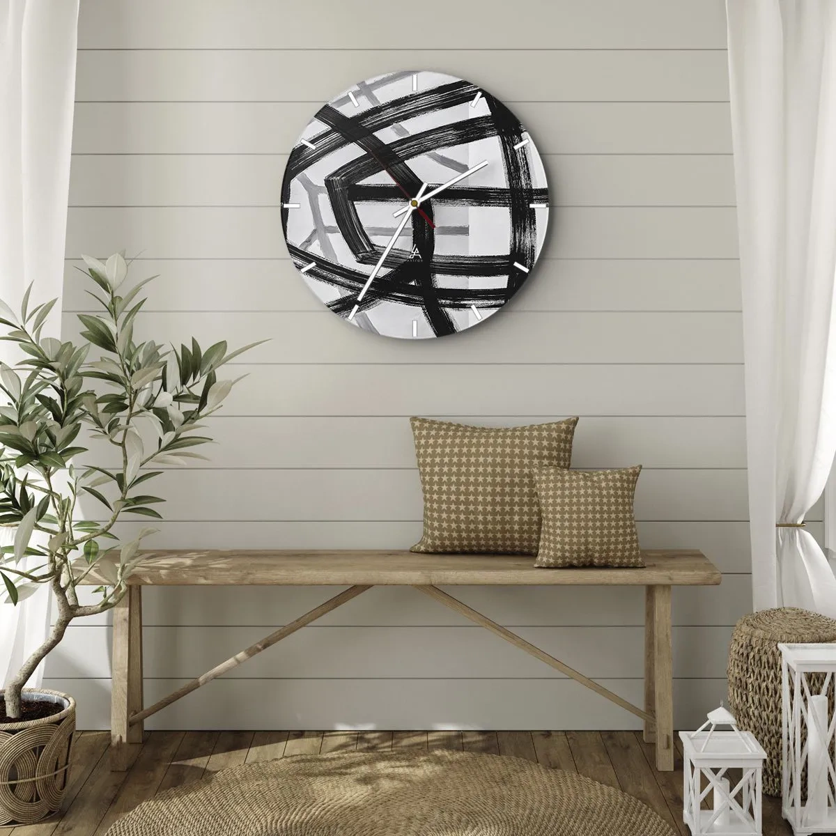 Relógio de parede - Relógio em vidro - Pinceladas pretas dinâmicas criando padrões tridimensionais - 30x30cm - Profundidade de construção - Decoração de parede moderna para a sala de estar, cozinha e quarto ARTTOR