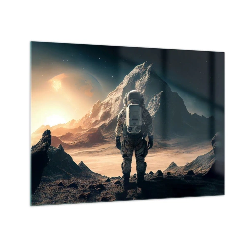 Quadro em vidro - Astronauta em um planeta alienígena com paisagem montanhosa - 70x50cm - Novo desafio - Decoração de parede moderna para a sala de estar e quarto ARTTOR