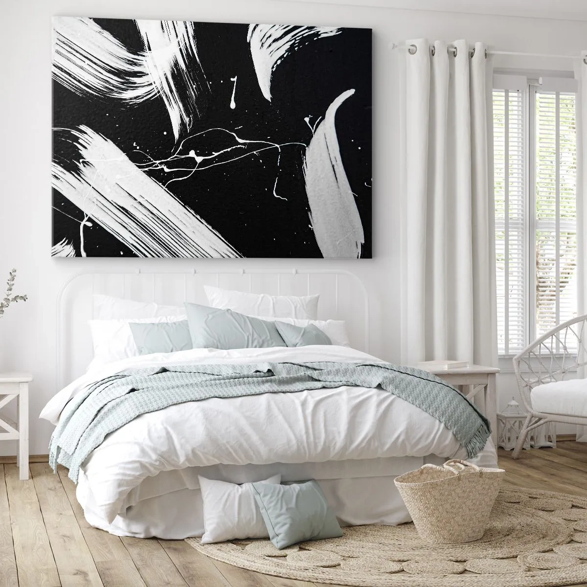 Quadro em tela - Traços brancos abstratos em um fundo preto - 70x50cm - Quebrar a escuridão - Decoração de parede moderna para a sala de estar e quarto ARTTOR