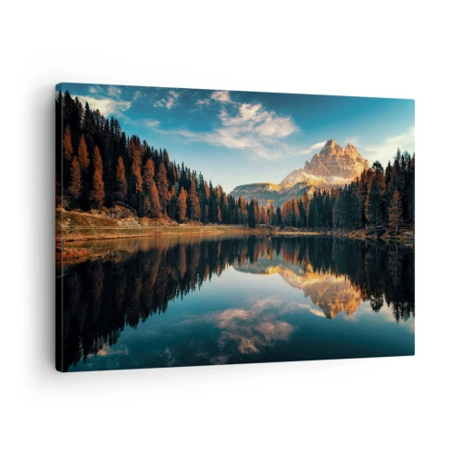 Quadro em tela - Paisagem montanhosa com lago e floresta - 70x50cm - Paisagem dupla - Decoração de parede moderna para a sala de estar e quarto ARTTOR