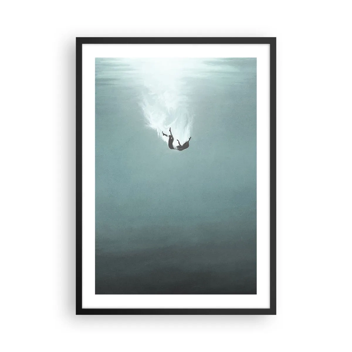 Pôster com moldura preta - Silhueta de um homem caindo nas profundezas da água - 50x70cm - Nos braços do oceano - Decoração de parede moderna para a sala de estar e quarto ARTTOR