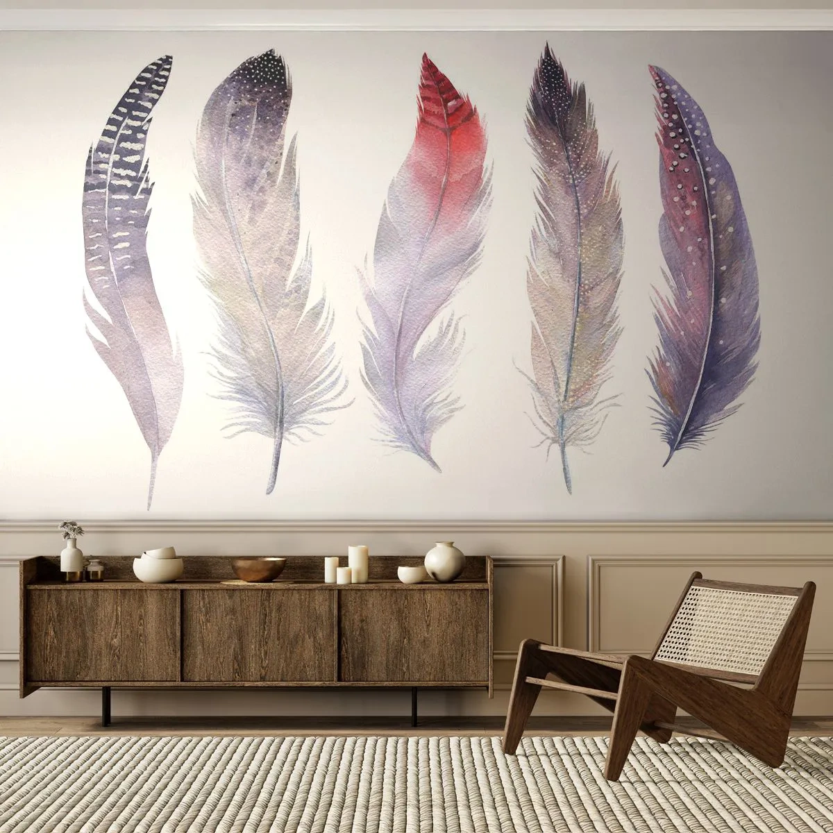 Papel de Parede Premium Canvas - Delicadas como uma névoa multicolorida - Pena de pássaro, Boho, Gráficos - 250x175 cm