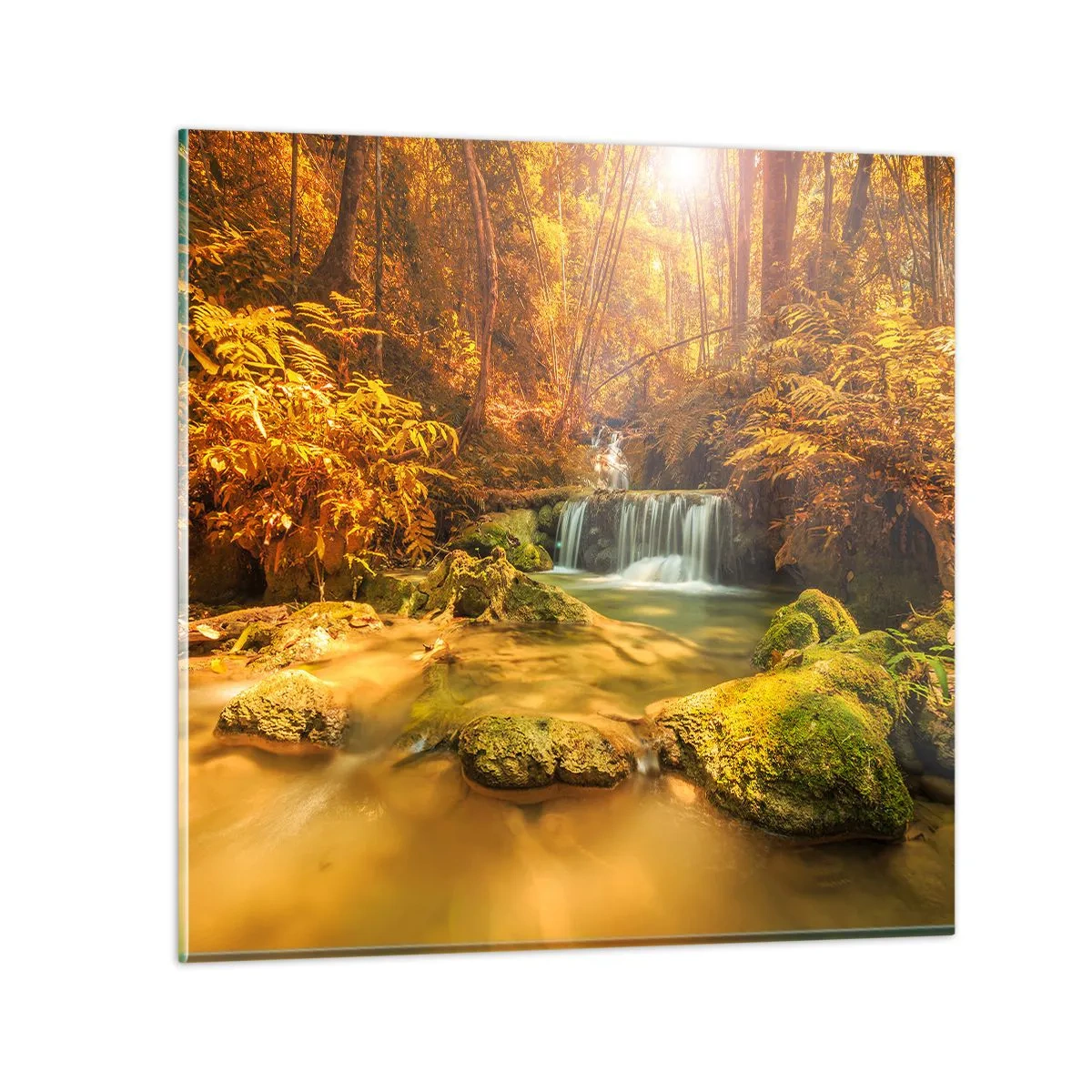 Quadro em vidro - Cascata na floresta em ouro - 50x50 cm