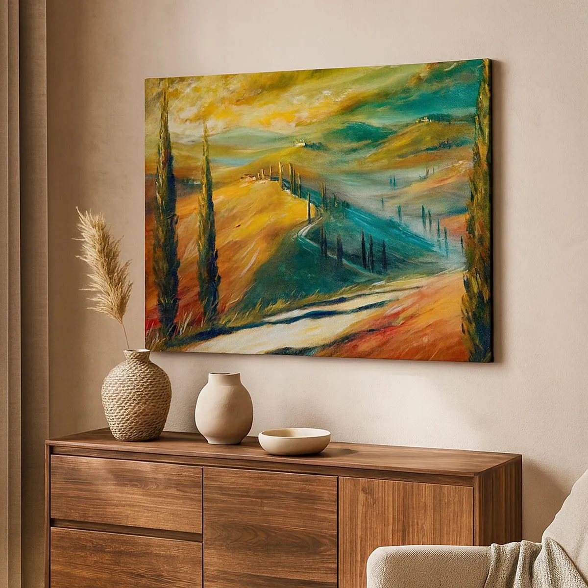 Quadro em tela - Paisagem toscana com campos, estrada e ciprestes - 70x50cm - Paisagem da Toscana - Decoração de parede moderna para a sala de estar e quarto ARTTOR