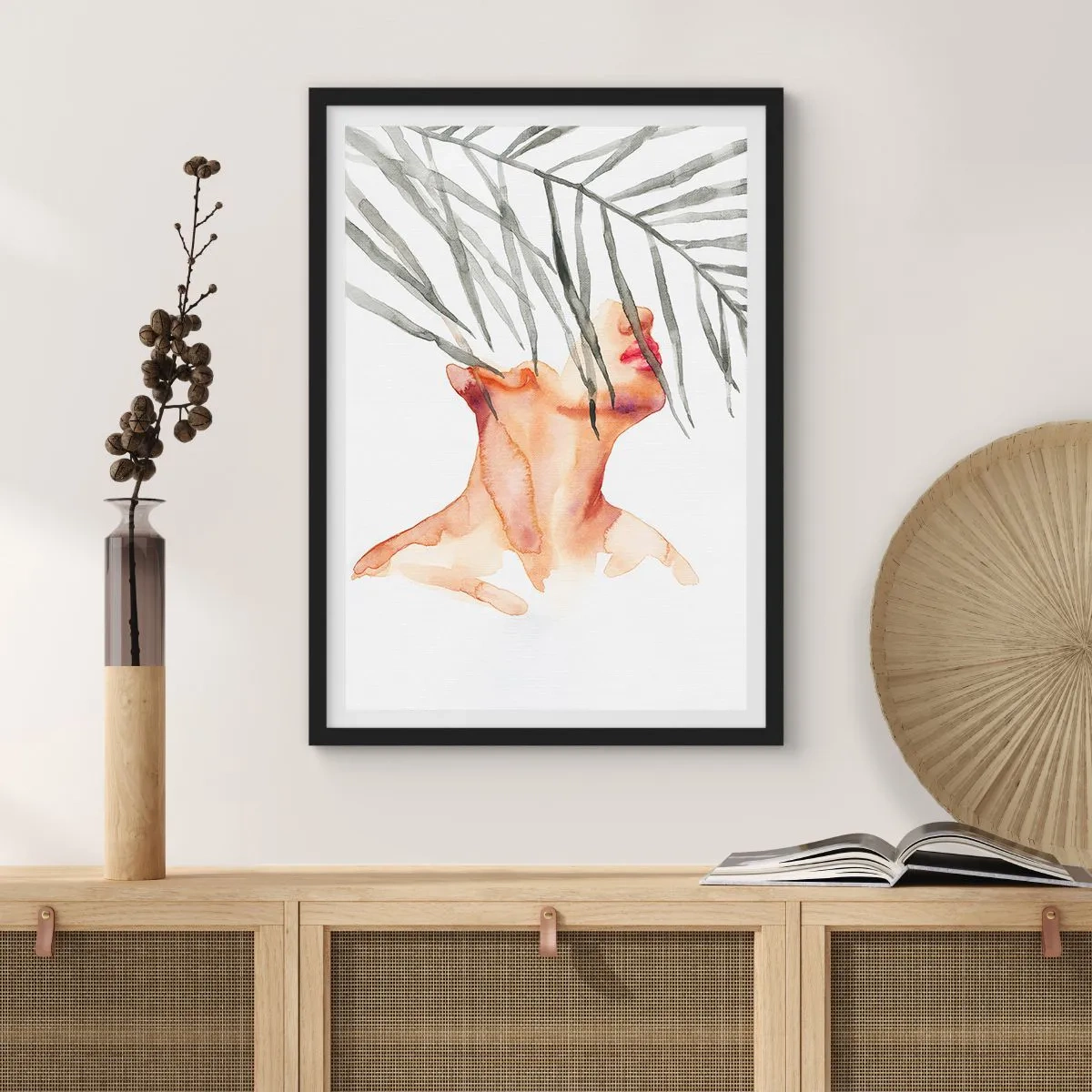 Pôster com moldura preta - Mulher em aquarela com folhas de palmeira cobrindo o rosto - 50x70cm - Sentir o pulso dos trópicos - Decoração de parede moderna para a sala de estar e quarto ARTTOR