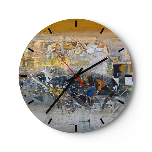 Relógio de parede - Relógio em vidro - Colagem abstrata em tons de amarelo e cinza - 30x30cm - Tudo vai se encaixar - Decoração de parede moderna para a sala de estar, cozinha e quarto ARTTOR