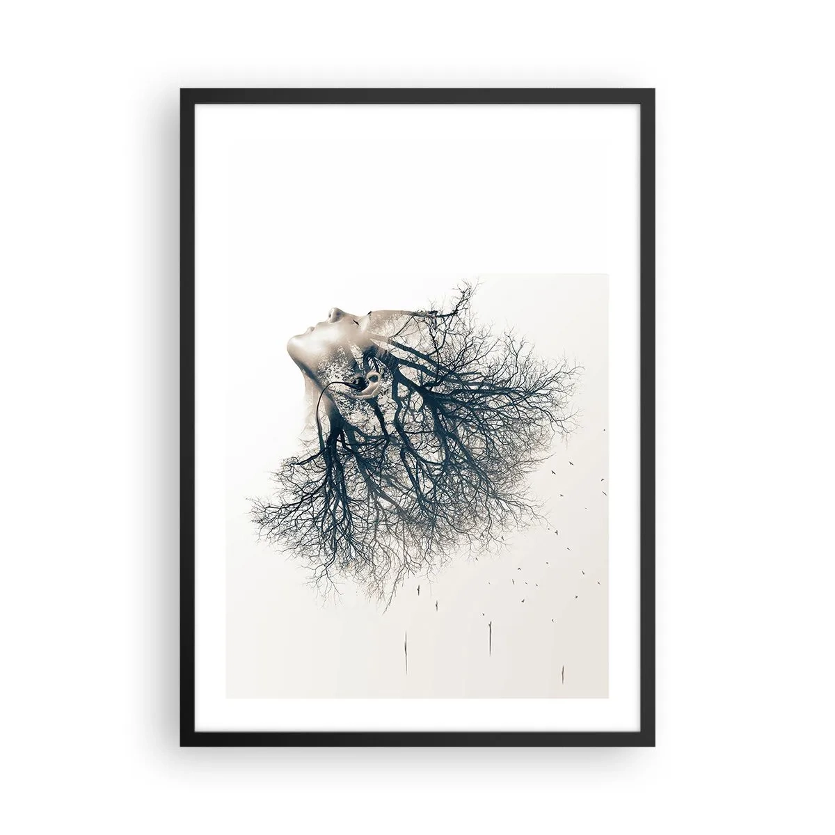 Pôster com moldura preta - Um rosto de mulher com galhos formando cabelos em um estilo surreal. - 50x70cm - Ouvir o sussurro da árvore - Decoração de parede moderna para a sala de estar e quarto ARTTOR