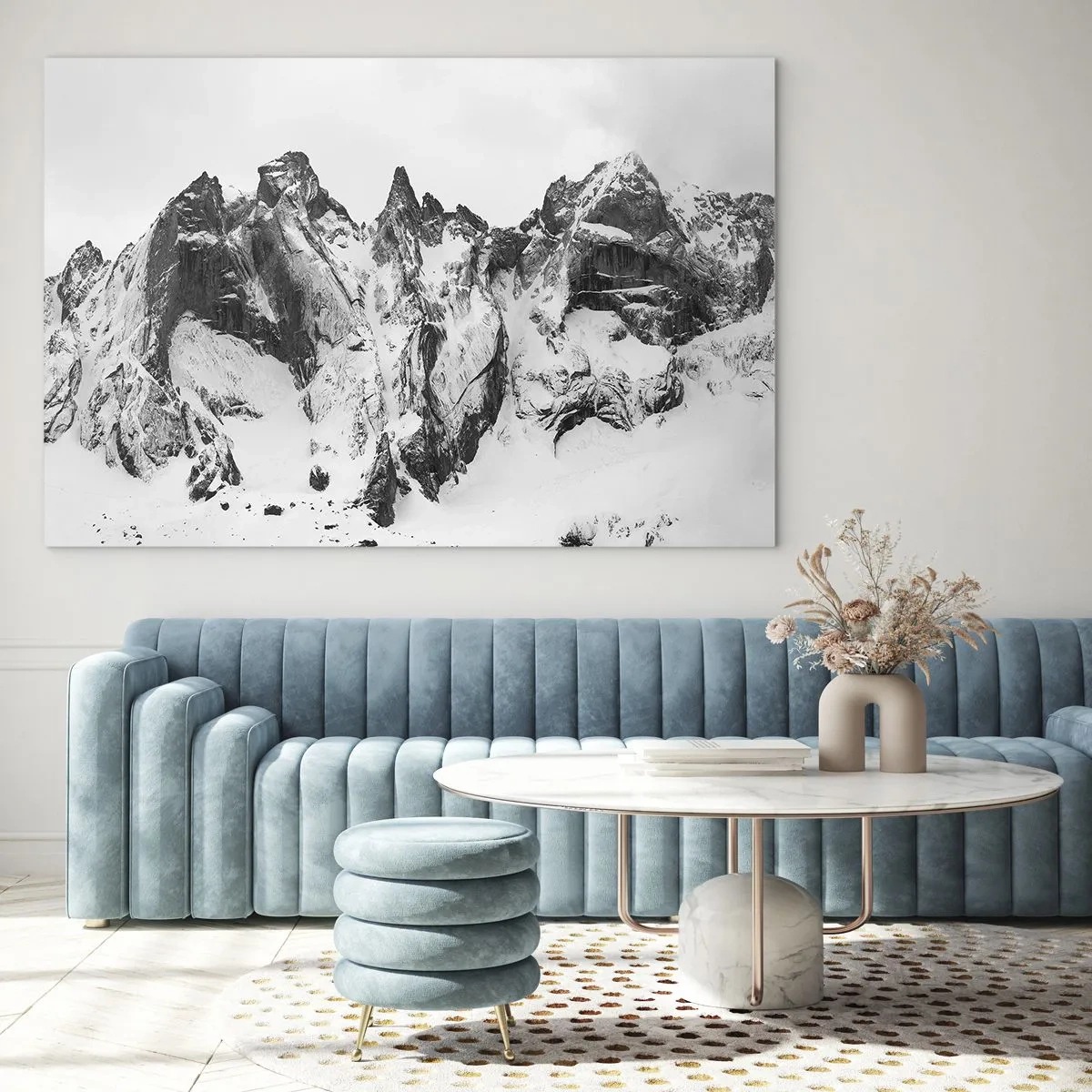 Quadro em vidro - Picos de montanhas cobertos de neve em preto e branco - 70x50cm - O assustador cume de granito - Decoração de parede moderna para a sala de estar e quarto ARTTOR