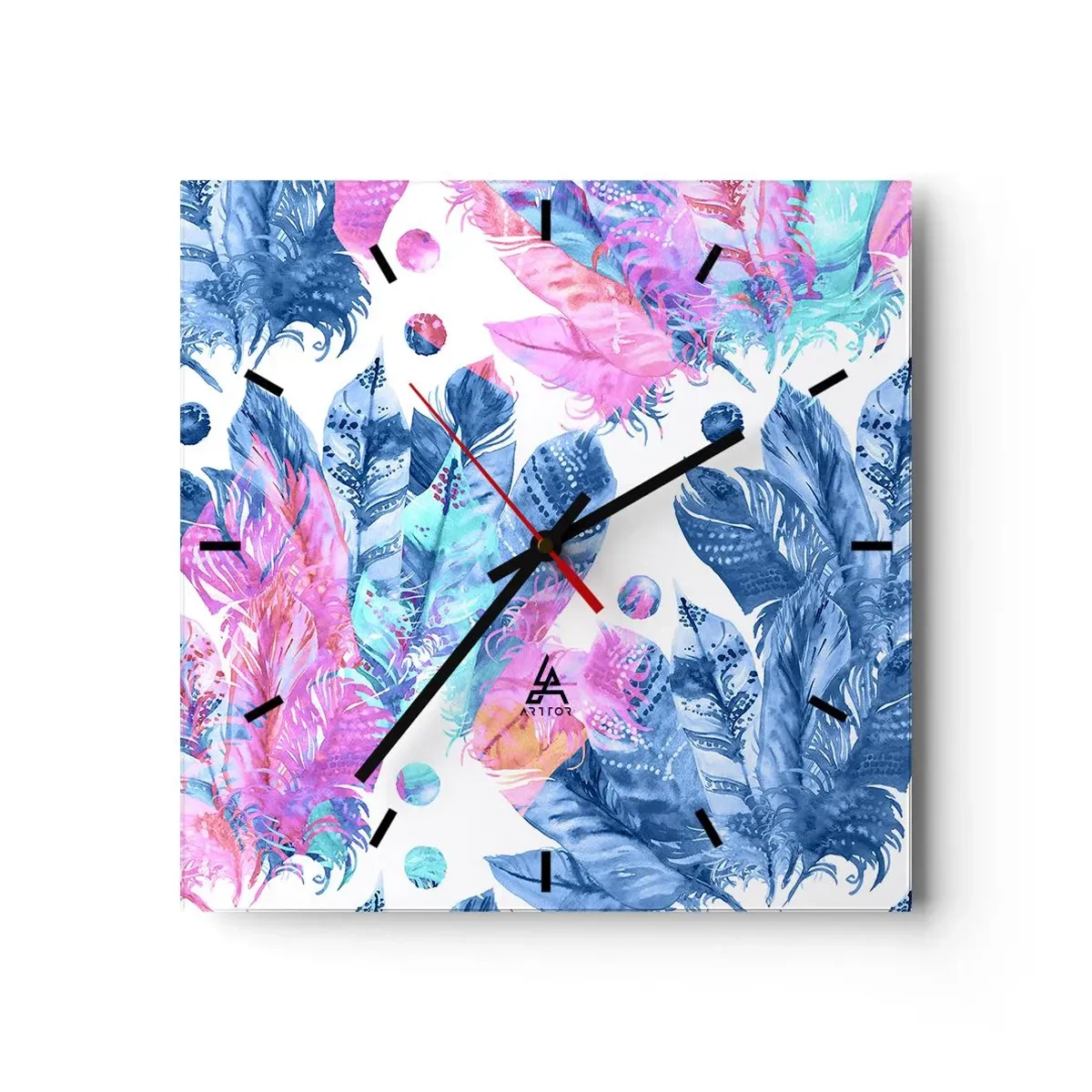 Relógio de parede - Relógio em vidro - Plumas em rosa e azul - 30x30 cm