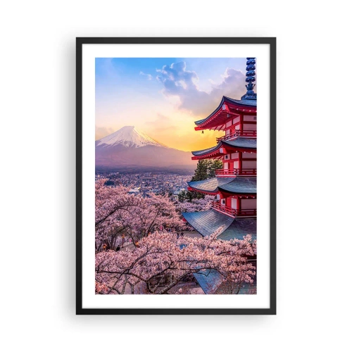 Pôster com moldura preta - Um pagode com vista para o Monte Fuji cercado por flores de cerejeira ao pôr do sol - 50x70cm - A essência do espírito japonês - Decoração de parede moderna para a sala de estar e quarto ARTTOR