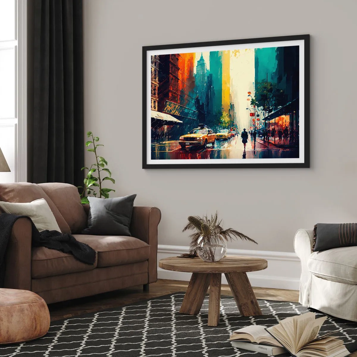 Pôster com moldura preta - Nova York – até a chuva é colorida aqui - 70x50 cm