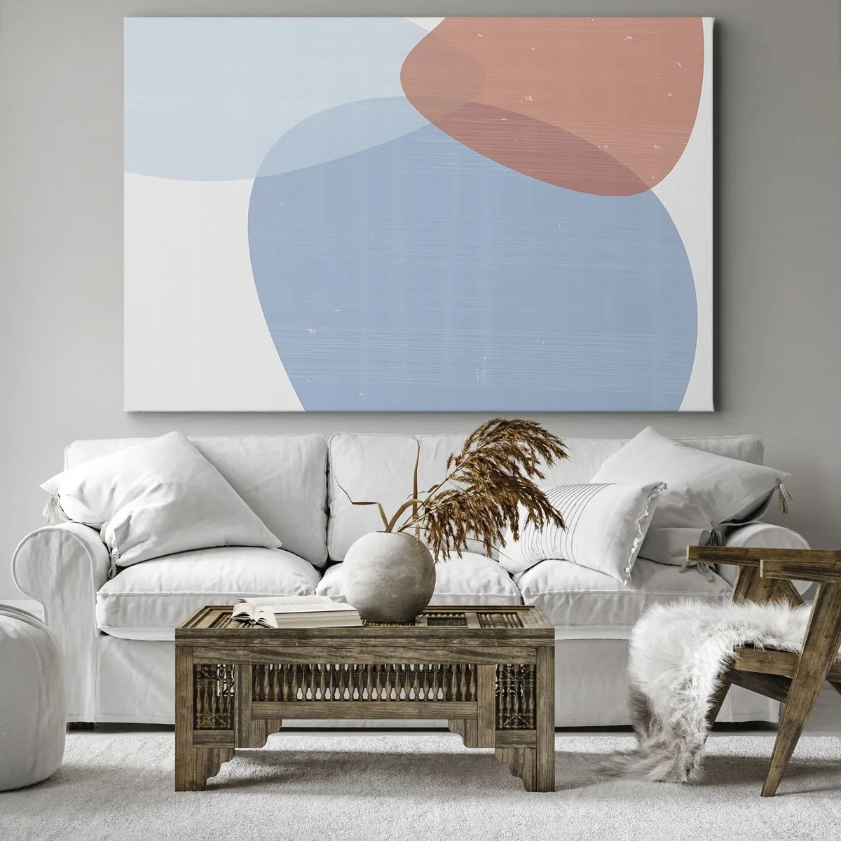 Quadro em tela - Uma composição abstrata em tons pastéis de azul e rosa com formas orgânicas. - 70x50cm - Relacionamentos pastel - Decoração de parede moderna para a sala de estar e quarto ARTTOR