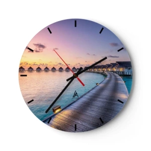 Relógio de parede - Relógio em vidro - Um caminho ao longo da praia com bangalôs tendo como pano de fundo o pôr do sol - 30x30cm - Férias - de volta às fontes - Decoração de parede moderna para a sala de estar, cozinha e quarto ARTTOR