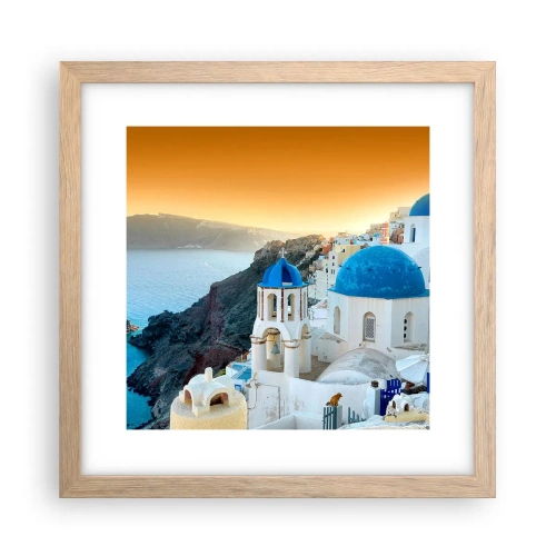 Pôster com moldura de carvalho claro - Santorini - abraçada às rochas - 30x30 cm