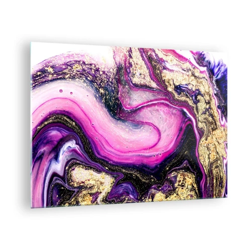 Quadro em vidro - Uma composição abstrata em tons de roxo e dourado. - 70x50cm - Um momento nos bastidores - Decoração de parede moderna para a sala de estar e quarto ARTTOR