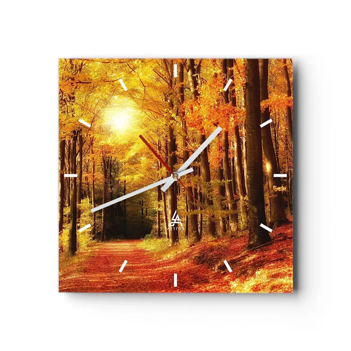 Relógio de parede - Relógio em vidro - Outono dourado na estrada da floresta - 40x40 cm