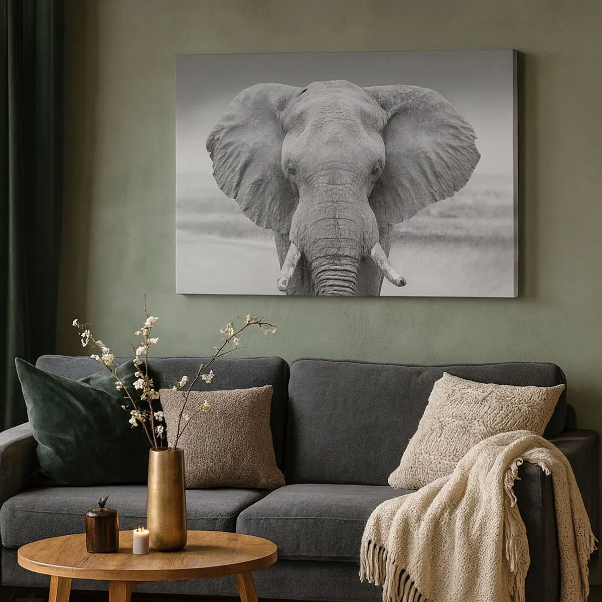 Quadro em tela - Retrato de um elefante em preto e branco - 70x50cm - Bem-vindo ao meu mundo - Decoração de parede moderna para a sala de estar e quarto ARTTOR
