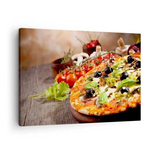 Quadro em tela - Pizza com azeitonas, manjericão e ingredientes frescos em fundo de madeira - 70x50cm - Ingredientes telúricos - Decoração de parede moderna para a sala de estar e quarto ARTTOR