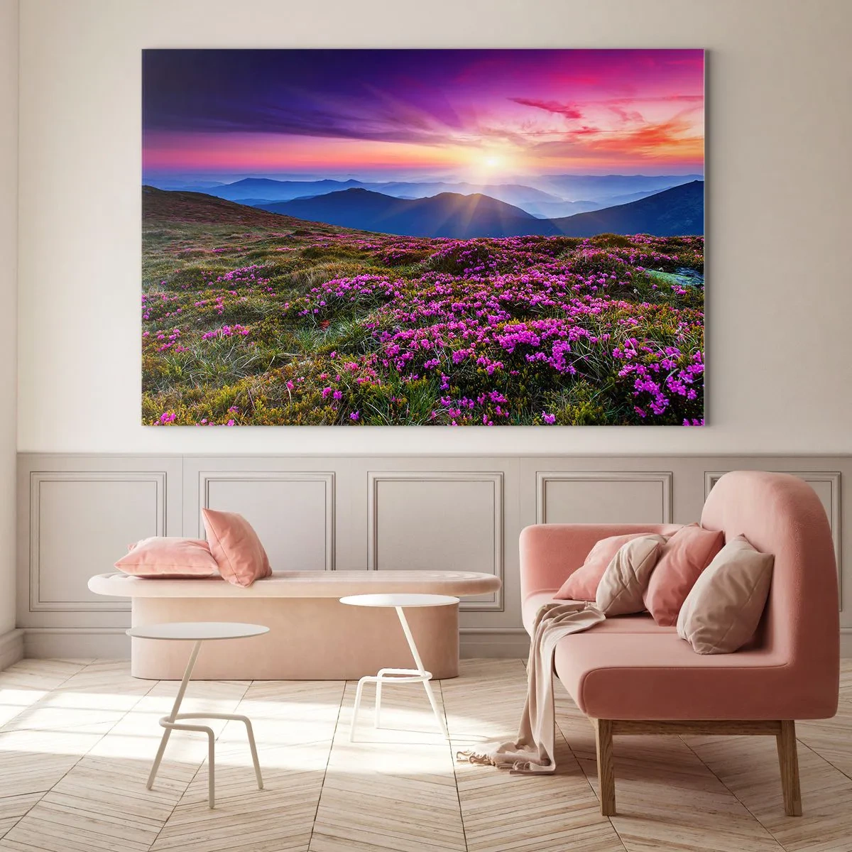 Quadro em vidro - Paisagem montanhosa com charneca ao pôr do sol - 70x50cm - Campo cheiroso - Decoração de parede moderna para a sala de estar e quarto ARTTOR