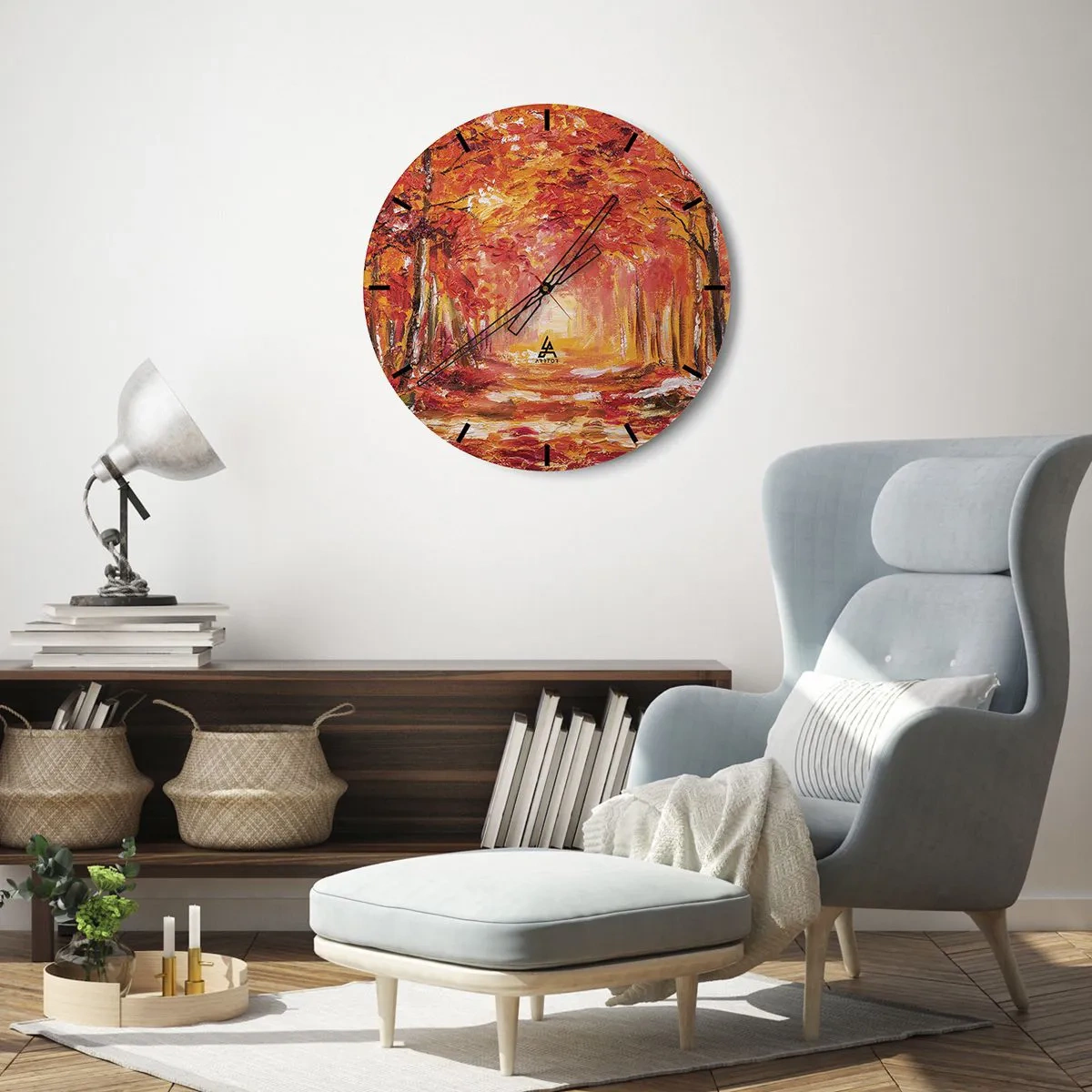 Relógio de parede - Relógio em vidro - Floresta de outono em tons quentes de vermelho e laranja - 30x30cm - Floresta de cobre - Decoração de parede moderna para a sala de estar, cozinha e quarto ARTTOR
