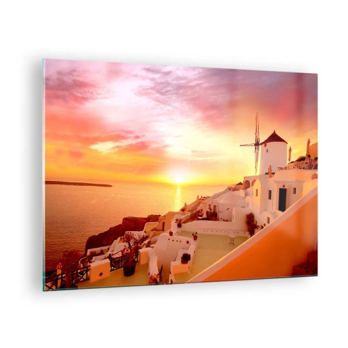 Quadro em vidro - Pôr do sol sobre Santorini com edifícios brancos e um moinho de vento - 70x50cm - Derreter em branco e ouro - Decoração de parede moderna para a sala de estar e quarto ARTTOR