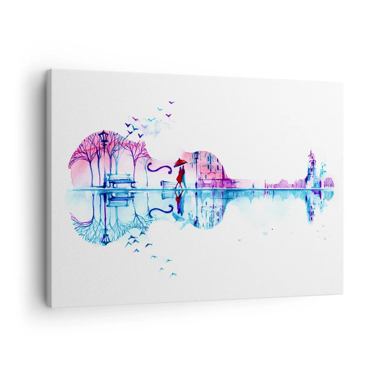 Quadro em tela - Silhueta de cidade em forma de violino em cores aquarela - 70x50cm - Trago-vos cânticos de chuva - Decoração de parede moderna para a sala de estar e quarto ARTTOR