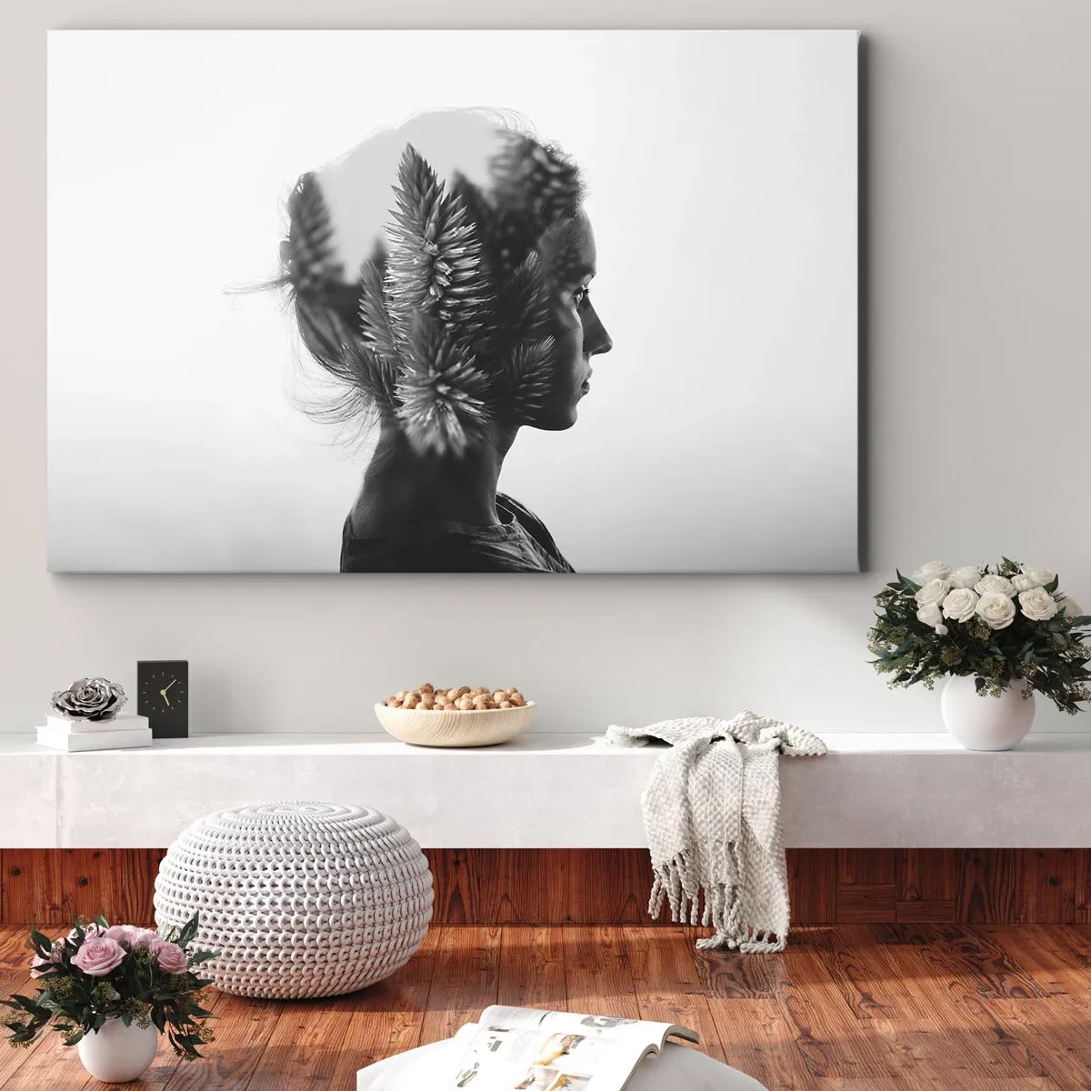 Quadro em tela - Um retrato sutil com elementos da natureza - 70x50cm - A senhora do pinhal - Decoração de parede moderna para a sala de estar e quarto ARTTOR