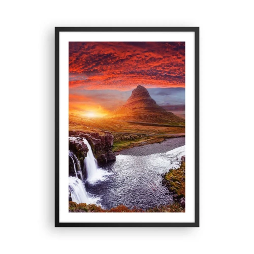 Pôster com moldura preta - A montanha e a cachoeira iluminadas pelos raios do sol poente - 50x70cm - A vista da Terra Média - Decoração de parede moderna para a sala de estar e quarto ARTTOR