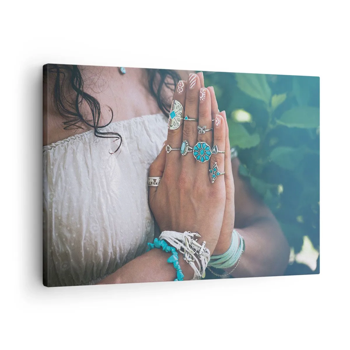 Quadro em tela - Mãos decoradas com joias boho - 70x50cm - Bem-vindo ao centro do ser - Decoração de parede moderna para a sala de estar e quarto ARTTOR