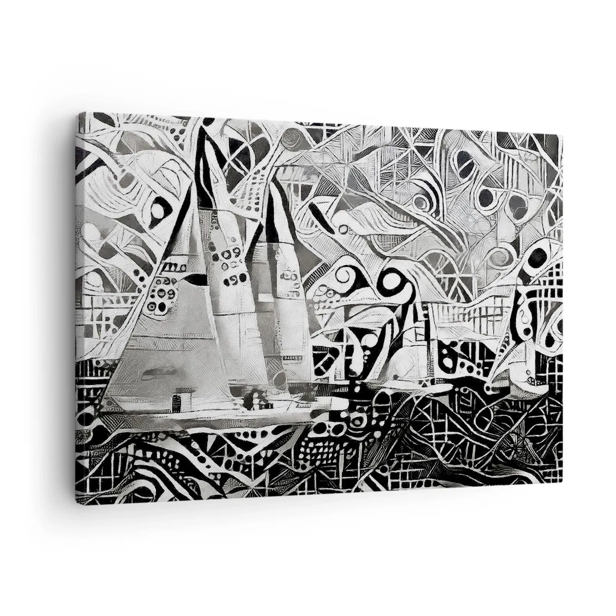 Quadro em tela - Veleiros abstratos em uma composição monocromática - 70x50cm - Entre as ondas - Decoração de parede moderna para a sala de estar e quarto ARTTOR