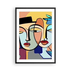 Pôster com moldura preta - Composição abstrata colorida de rostos em estilo cubista - 50x70cm - O randez vous de Picasso - Decoração de parede moderna para a sala de estar e quarto ARTTOR