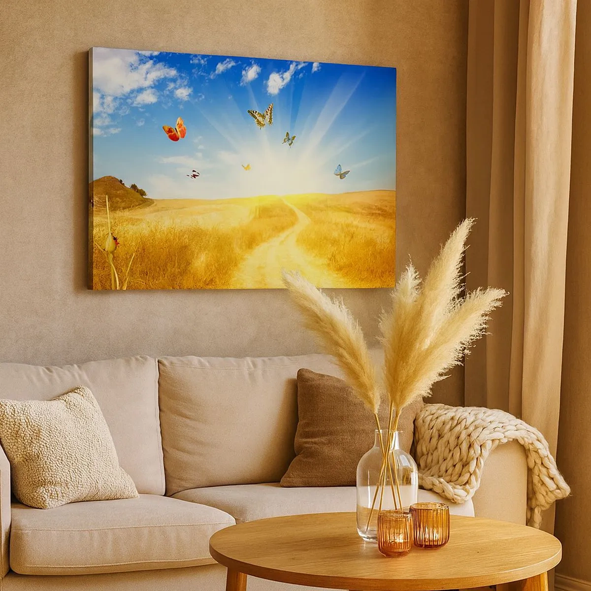 Quadro em tela - Um campo dourado, um caminho e borboletas contra um céu azul - 70x50cm - E como não amar o verão? - Decoração de parede moderna para a sala de estar e quarto ARTTOR