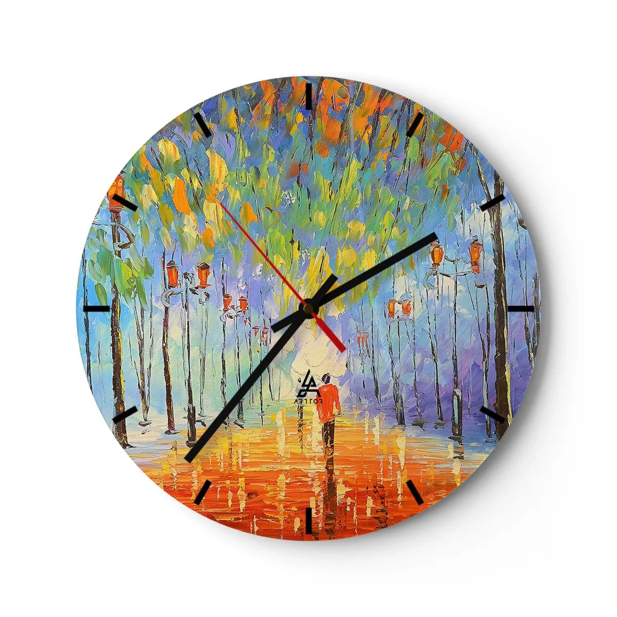 Relógio de parede - Relógio em vidro - Uma avenida colorida com árvores e uma pessoa caminhando ao longe - 30x30cm - Canto nocturno da chuva - Decoração de parede moderna para a sala de estar, cozinha e quarto ARTTOR