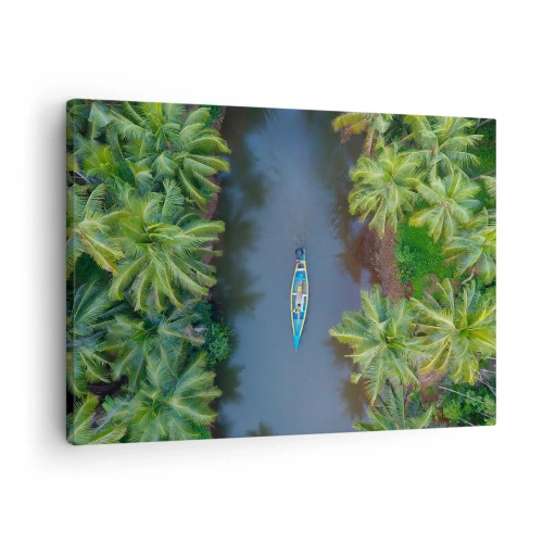 Quadro em tela - Uma vista aérea de um barco em um rio cercado por palmeiras - 70x50cm - Em uma trilha tropical - Decoração de parede moderna para a sala de estar e quarto ARTTOR