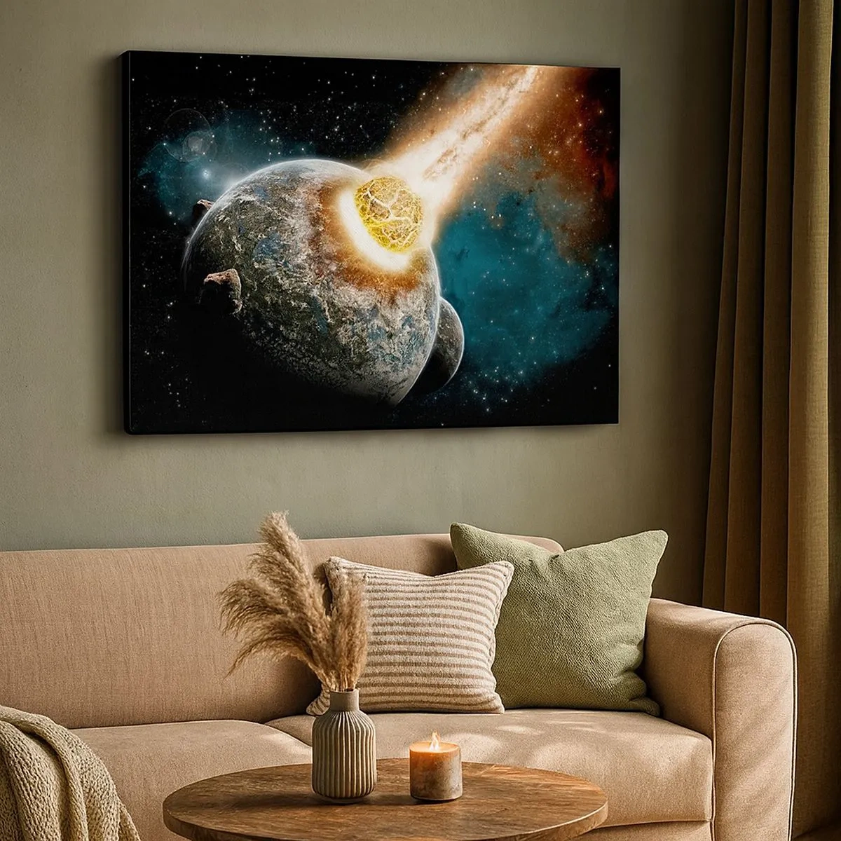 Quadro em tela - Colisão cósmica de um planeta com um asteroide nas proximidades da galáxia. - 70x50cm - Extinção ou nascimento? - Decoração de parede moderna para a sala de estar e quarto ARTTOR