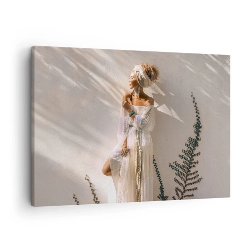 Quadro em tela - Uma mulher em estilo boho iluminada pelos raios de sol - 70x50cm - O sol e a garota - Decoração de parede moderna para a sala de estar e quarto ARTTOR