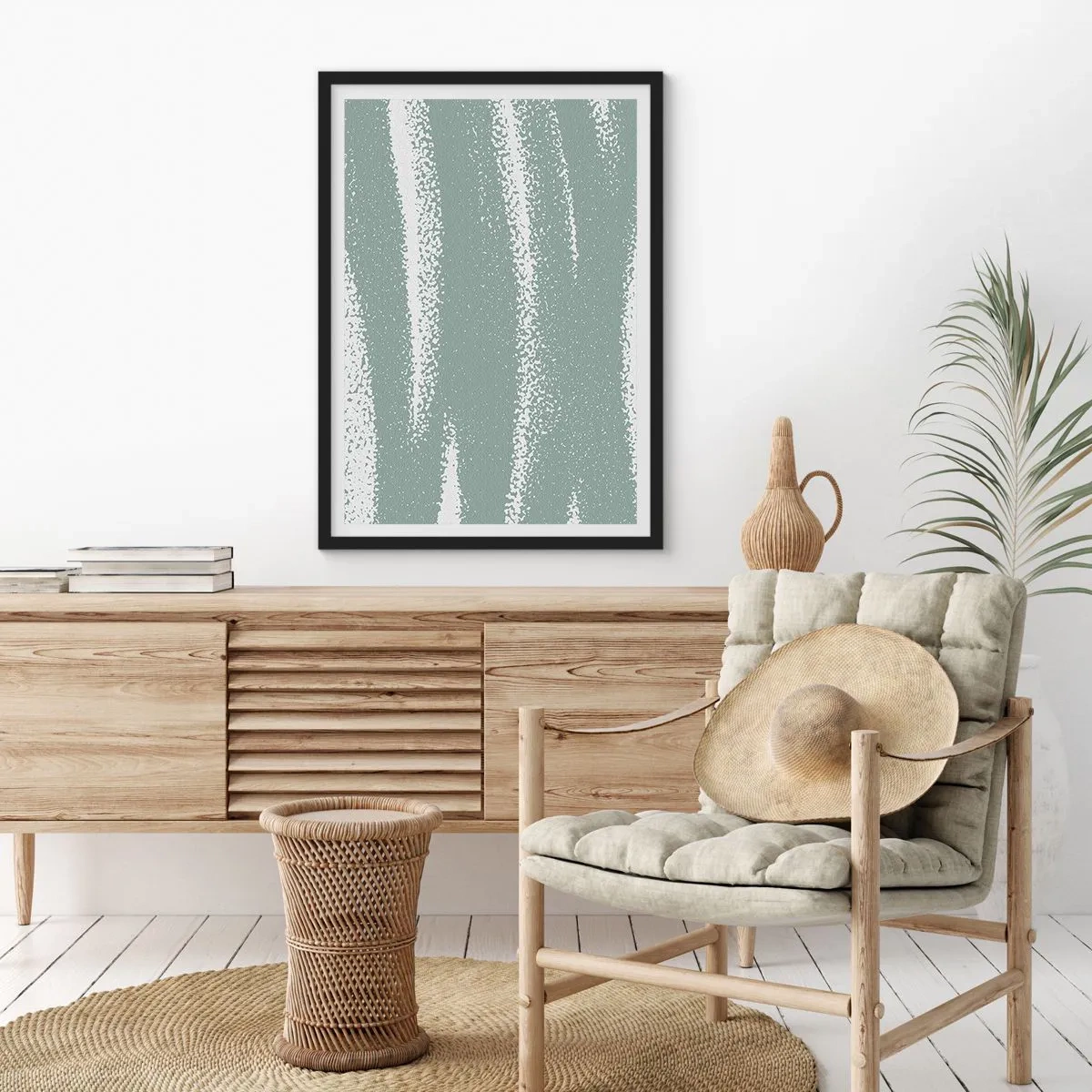 Pôster com moldura preta - Uma composição minimalista em tons de verde e branco - 50x70cm - Abstração em um clima de inverno - Decoração de parede moderna para a sala de estar e quarto ARTTOR